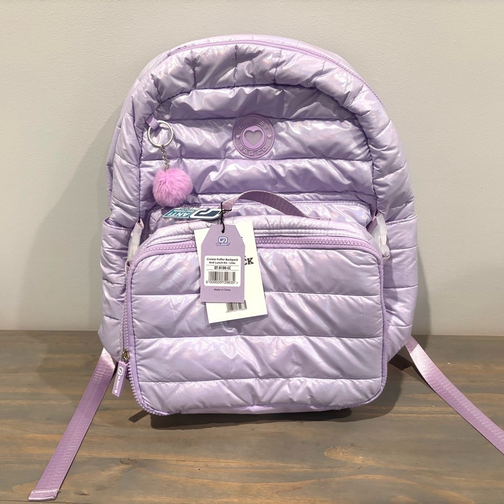 Volkano Quest Crinkle Puffer Backpack & Lunch Kit Water Resistant Lilac/ Glitter